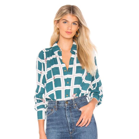 Free People Window To My Heart Button Down Sz Small Green Oversized Windowpane - Picture 1 of 9